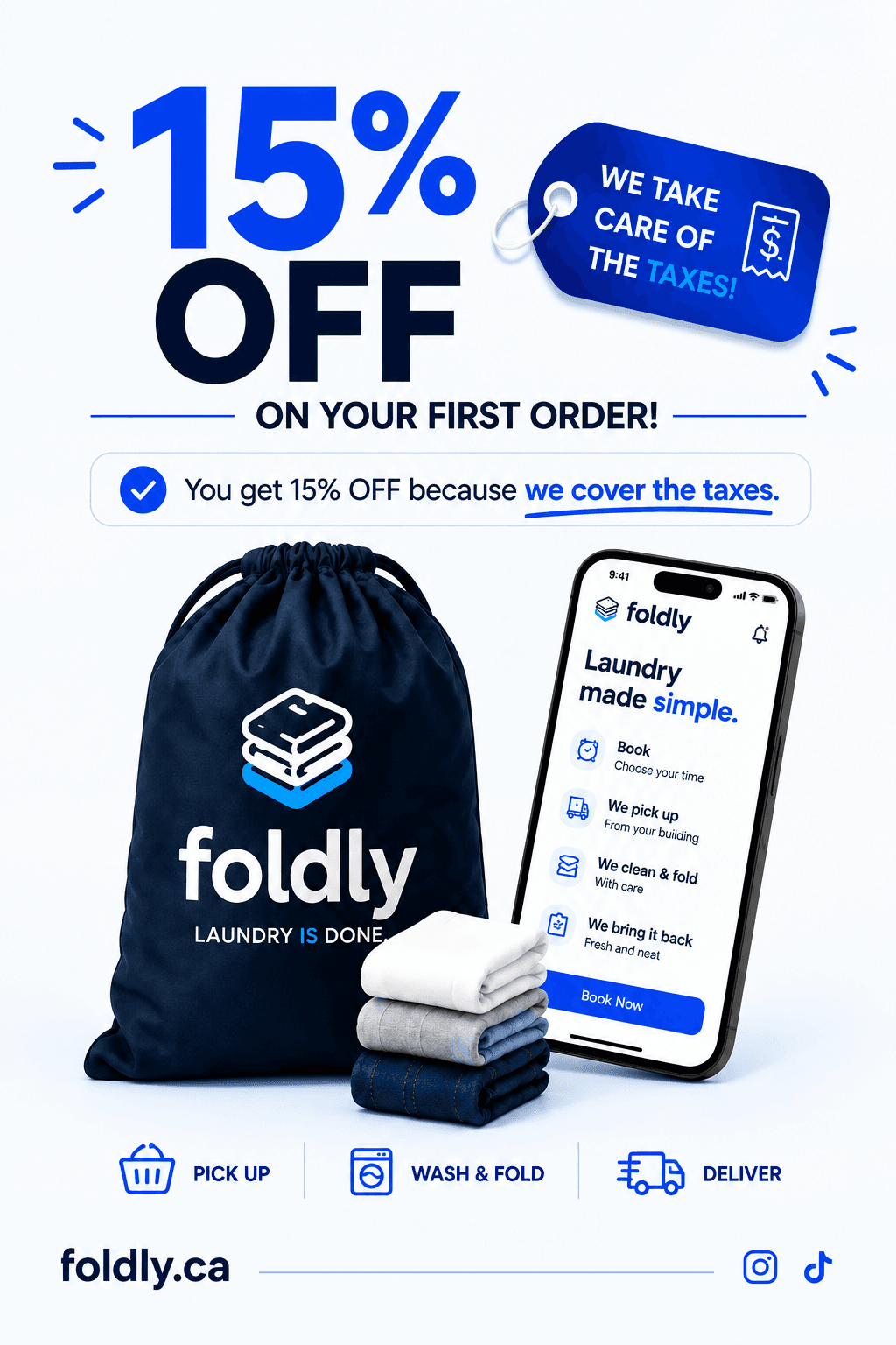 Save 15% on your first Foldly order because Foldly covers the taxes. Book by September 12.